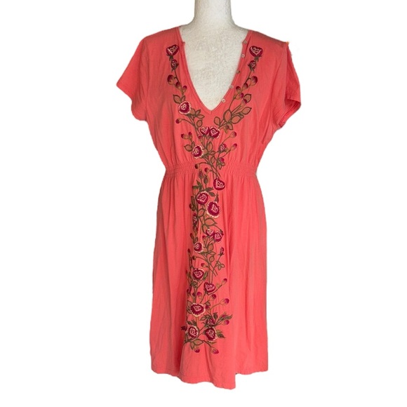 Johnny Was Dresses & Skirts - Johnny Was Coral Orange Embroidered Floral A-Line Knit Midi Dress - L